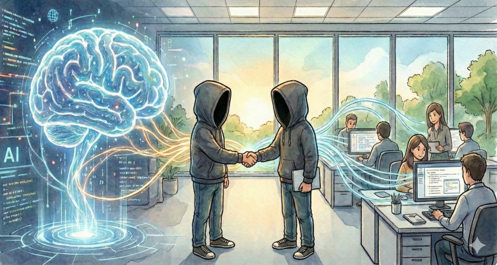 AIと人間が共創し、エンジニアチームを次のステージへ導くマネジメントの象徴図