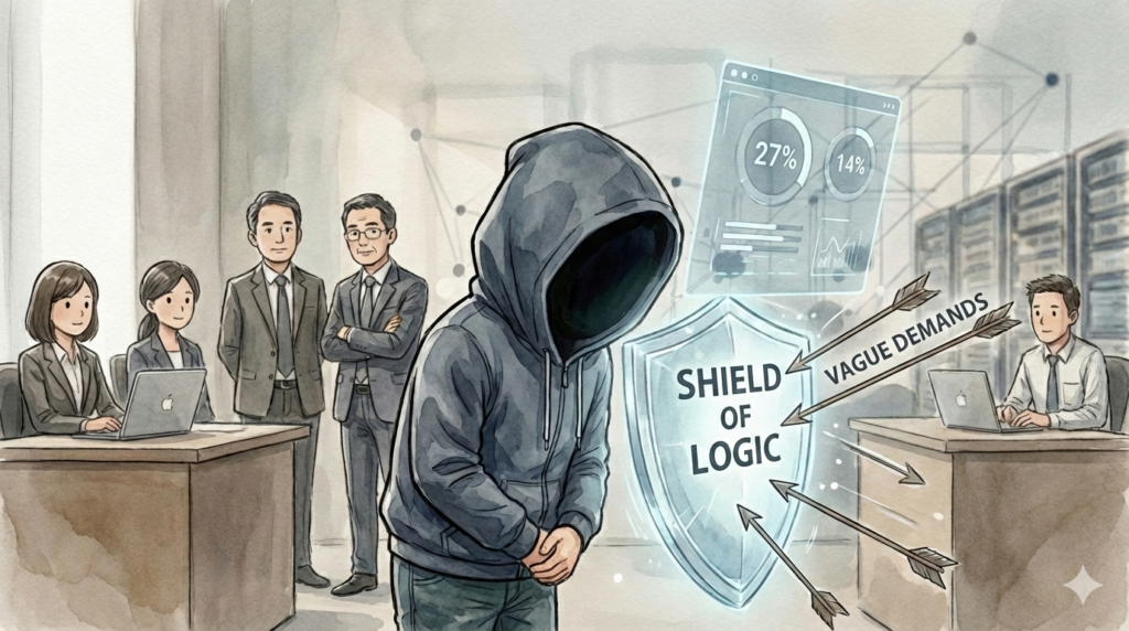 オフィスでホログラムディスプレイを前に、経営層へ戦略を説明するEMの後ろ姿。左側にはAIによる「27%」「14%」といった精緻な分析データが表示され、抽象的な現場の熱量を論理的な「戦略的整数」へと翻訳して合意を取り付けている様子。