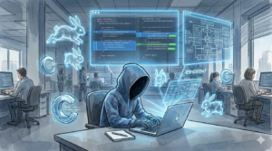 ノートPCで作業するパーカー姿のEM。周囲にはウサギや「C」の形をした光るAIエージェントが浮遊し、透過ホログラム上のコード修正案やアーキテクチャ図を処理している。技術的な支援（コードレビューや実装支援）をAIと共に行う様子を表現した水彩タッチのイラスト。