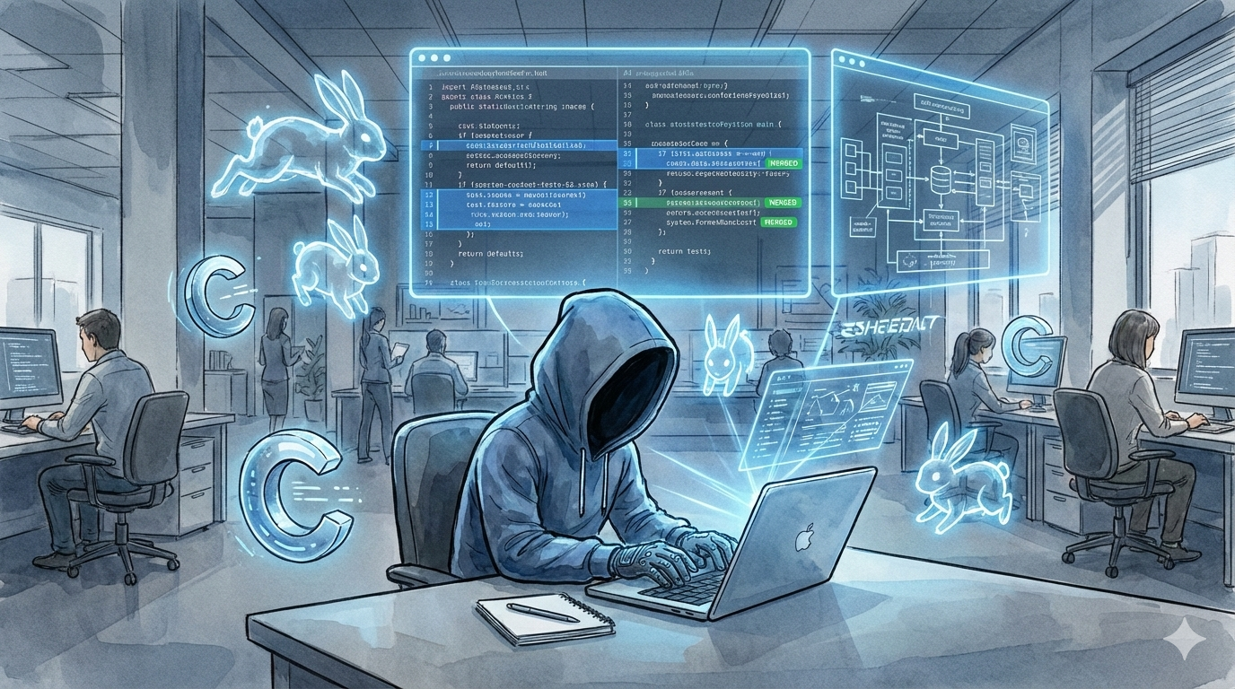 ノートPCで作業するパーカー姿のEM。周囲にはウサギや「C」の形をした光るAIエージェントが浮遊し、透過ホログラム上のコード修正案やアーキテクチャ図を処理している。技術的な支援(コードレビューや実装支援)をAIと共に行う様子を表現した水彩タッチのイラスト。