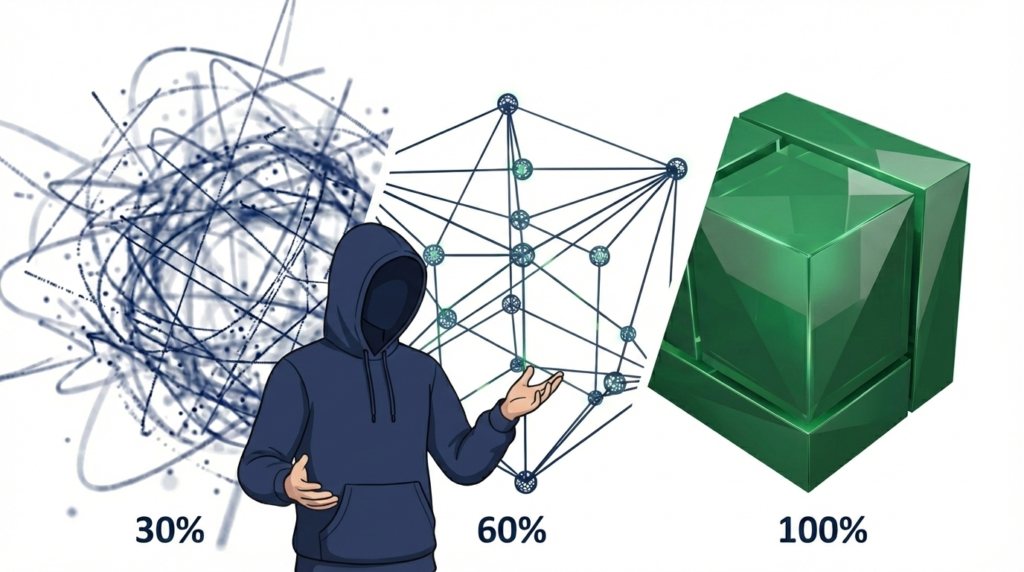 エンジニアリングマネージャー（EM）の解像度管理モデル（30%/60%/100%）を視覚化したイラスト。ブログのアバターが、混沌とした概念から構造化されたワイヤーフレーム、そして完成されたグリーンの構造体へと進化するプロセスを示している。