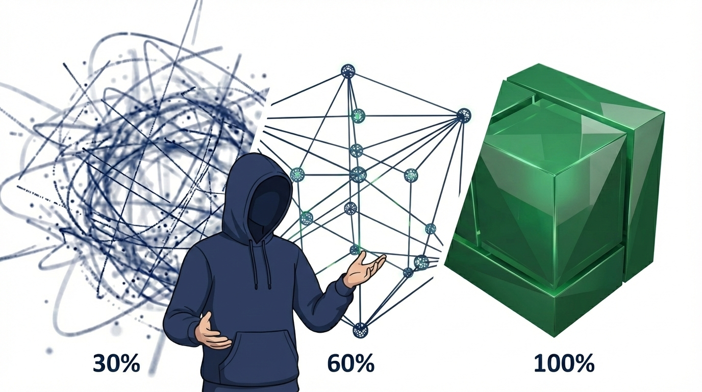 エンジニアリングマネージャー(EM)の解像度管理モデル(30%/60%/100%)を視覚化したイラスト。ブログのアバターが、混沌とした概念から構造化されたワイヤーフレーム、そして完成されたグリーンの構造体へと進化するプロセスを示している。