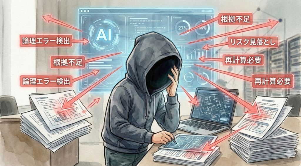 モニターに映し出された複雑なWBS（工数管理表）を、AIと共に精緻に分析しているEM。画面には「Risk Analysis: 27%」といった戦略的数値が表示され、経験と勘を論理的なロジックへとアップデートしている様子を描いた水彩画風イラスト。