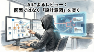 フードのEMがAIと共にインフラ構成図をレビューし、SPOFやコスト構造の欠陥を炙り出すイラスト。図面上の記述ではなく「設計意図」を検品し、構造的なリスクを特定するプロセスを視覚化しています。
