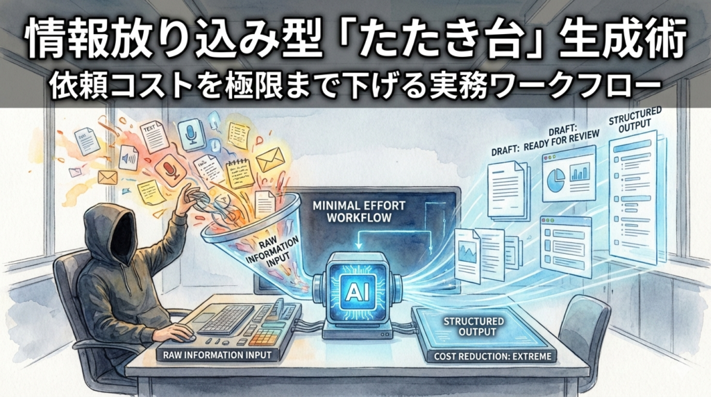 フードのEMが雑多な生情報をAIへ一括投入し、整然とした「たたき台」を高速生成させているイラスト。初期の構造化コストをAIに委譲し、実務の初速を最大化するワークフローを視覚化しています。