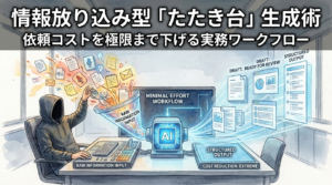 フードのEMが雑多な生情報をAIへ一括投入し、整然とした「たたき台」を高速生成させているイラスト。初期の構造化コストをAIに委譲し、実務の初速を最大化するワークフローを視覚化しています。