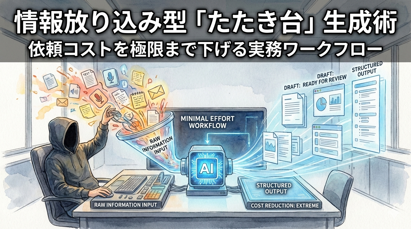 フードのEMが雑多な生情報をAIへ一括投入し、整然とした「たたき台」を高速生成させているイラスト。初期の構造化コストをAIに委譲し、実務の初速を最大化するワークフローを視覚化しています。
