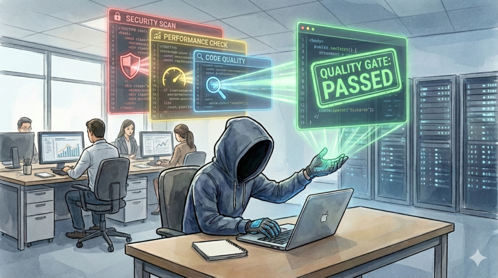 EMがノートPCを操作し、ホログラム上の「SECURITY SCAN」「PERFORMANCE CHECK」などの複数の品質ゲートを通過させているイラスト。最終的に「QUALITY GATE: PASSED」という緑の表示が輝き、AIがデプロイの安全性を担保する自動化プロセス。
