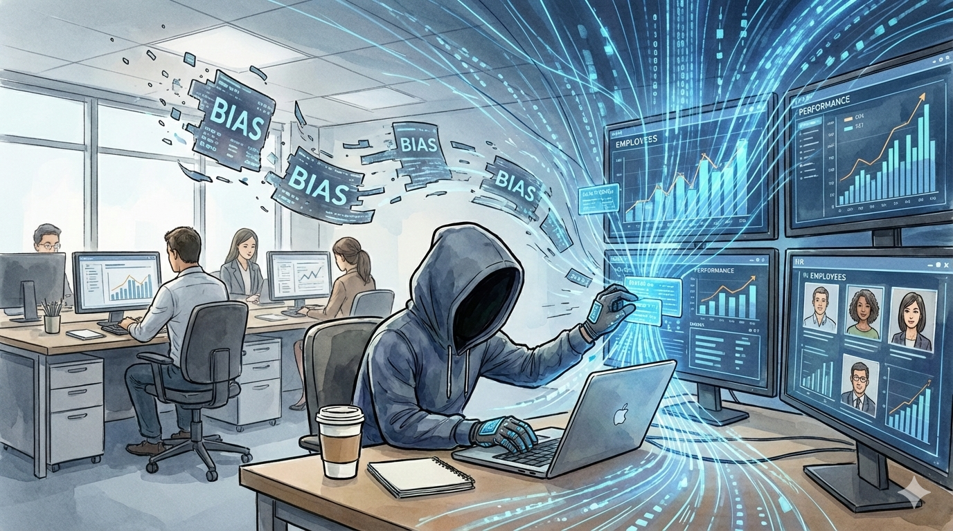 現代的なオフィスで、フードを深く被り顔が影に隠れたエンジニアマネージャー（EM）が、データグローブを使い「BIAS」と書かれた歪んだブロックを修正しているイラスト。複数のモニターには人事評価のグラフや顔写真が表示され、周囲には青いデータストリームが流れる、水彩画風のスタイル。