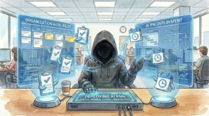現代的なオフィスで、コーヒーを片手にリラックスした様子のエンジニアマネージャー（EM）が、自律的な「AI PMエージェント」を組織にデプロイしているイラスト。左右の透過ディスプレイには「ORGANIZATION AUTO-PILOT（組織の自動操縦）」や「AI PM DEPLOYMENT」と表示され、クリップボードやカレンダーの形をしたAIエージェントがカンバンボードやガントチャートを自律的に操作している。人間が直接手を動かす労働集約型から脱却し、AIに「管理の委譲」を行うことで、最小の稼働でプロジェクトの並列稼働を実現する設計思想を視覚化している。