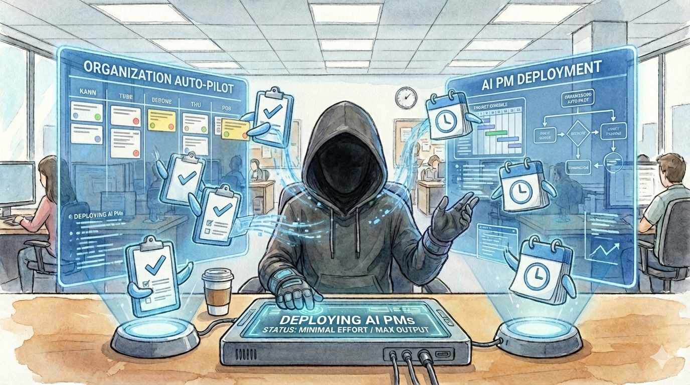 現代的なオフィスで、コーヒーを片手にリラックスした様子のエンジニアマネージャー(EM)が、自律的な「AI PMエージェント」を組織にデプロイしているイラスト。左右の透過ディスプレイには「ORGANIZATION AUTO-PILOT(組織の自動操縦)」や「AI PM DEPLOYMENT」と表示され、クリップボードやカレンダーの形をしたAIエージェントがカンバンボードやガントチャートを自律的に操作している。人間が直接手を動かす労働集約型から脱却し、AIに「管理の委譲」を行うことで、最小の稼働でプロジェクトの並列稼働を実現する設計思想を視覚化している。