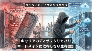 フードを被ったEMが、崩壊する単一ドメインから多層的な生存システムへ回線を繋ぎ変えるイラスト。キャリアのリスク分散と生存設計の構造を視覚化しています。
