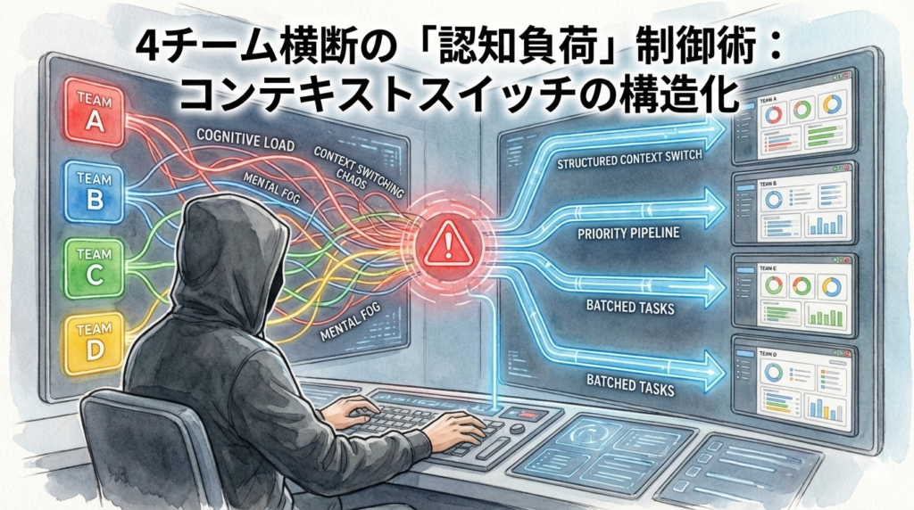 フードのEMが、4チーム分の混沌とした認知負荷を整然とした「構造化されたコンテキストスイッチ」へ変換しているイラスト。多チーム横断時の負荷を制御し、脳のパイプラインを最適化する管理術を視覚化しています。