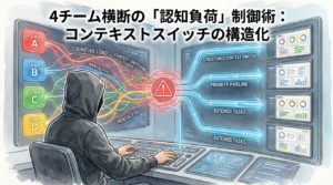 フードのEMが、4チーム分の混沌とした認知負荷を整然とした「構造化されたコンテキストスイッチ」へ変換しているイラスト。多チーム横断時の負荷を制御し、脳のパイプラインを最適化する管理術を視覚化しています。