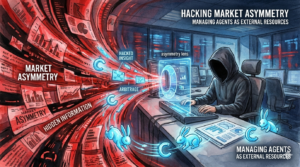 フードのEMがAIを指揮し、市場の非対称性から情報を抽出するイラスト。カオスをハックし戦略的リソースへ変換する構造を視覚化しています。