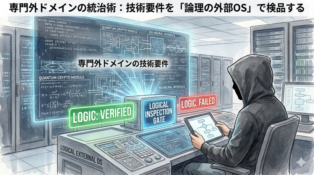 フードのEMが、専門外の技術要件を「論理の外部OS」という検品ゲートに通し、論理の整合性を検証しているイラスト。専門性に依存せず、構造的なロジックで統治を行う手法を視覚化しています。