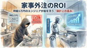 フードのEMが皿を洗う「設計上の歪み」と、外注による「高ROIな最適化」の対比。リソース配分のバグを修正し、生存設計を最適化する構造を視覚化しています。