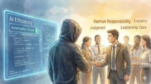 AI Efficiency（効率化）の先にあるHuman Responsibility（人間の責任）やEmpathy（共感）を見つめるEMの背面。技術的な自動化と、AIが代替できないリーダーシップの核心を対比させた水彩画風アイキャッチ画像。