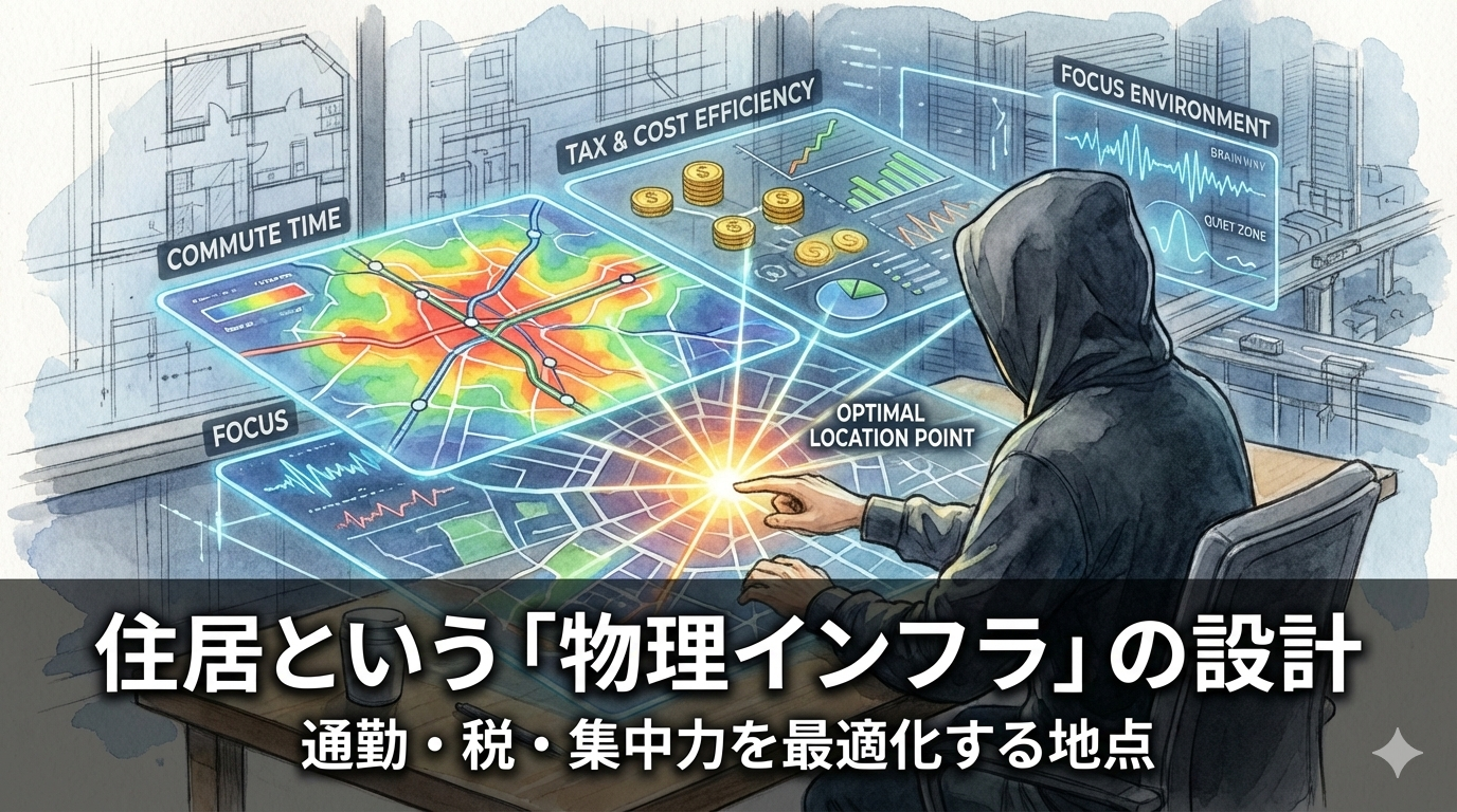 フードのEMが、ホログラム地図で通勤、税、集中力のデータを重ね、「最適な地点」を指し示すイラスト。住居を物理インフラとして設計し、生存戦略を最適化する構造を視覚化しています。