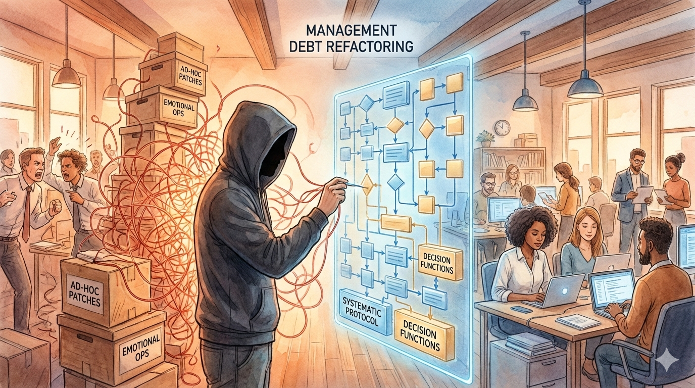 温かみのある照明のオフィスで、EMが「EMOTIONAL OPS」や「AD-HOC PATCHES」と書かれた乱雑な箱の山（マネジメント負債）を、右側の整然とした「DECISION FUNCTIONS」や「SYSTEMATIC PROTOCOL」のホログラムへと再構築しているイラスト。感情駆動の運用を排し、組織を仕組みとしてリファクタリングする思想を描写。