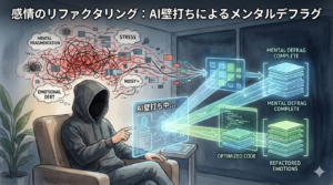 フードのEMが、混濁した感情（EMOTIONAL DEBT）をAIとの壁打ちを通して、整然とした構造（REFACTORED EMOTIONS）へと書き換えているイラスト。感情をデバッグし、メンタルのデフラグを完了させるプロセスを視覚化しています。