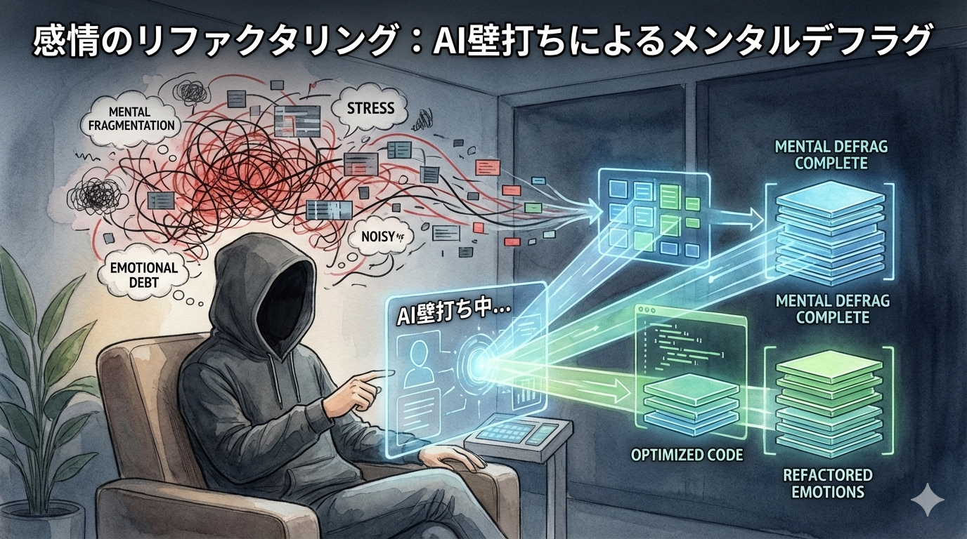 フードのEMが、混濁した感情（EMOTIONAL DEBT）をAIとの壁打ちを通して、整然とした構造（REFACTORED EMOTIONS）へと書き換えているイラスト。感情をデバッグし、メンタルのデフラグを完了させるプロセスを視覚化しています。