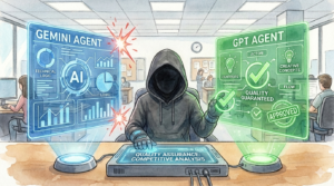 EMが「GEMINI AGENT」と「GPT AGENT」という2つの異なるAIモデルの提案を中央のコンソールで比較しているイラスト。画面には「QUALITY ASSURANCE: COMPETITIVE ANALYSIS」と表示され、複数のAIを競わせることで意思決定の品質を最大化する様子を描写。