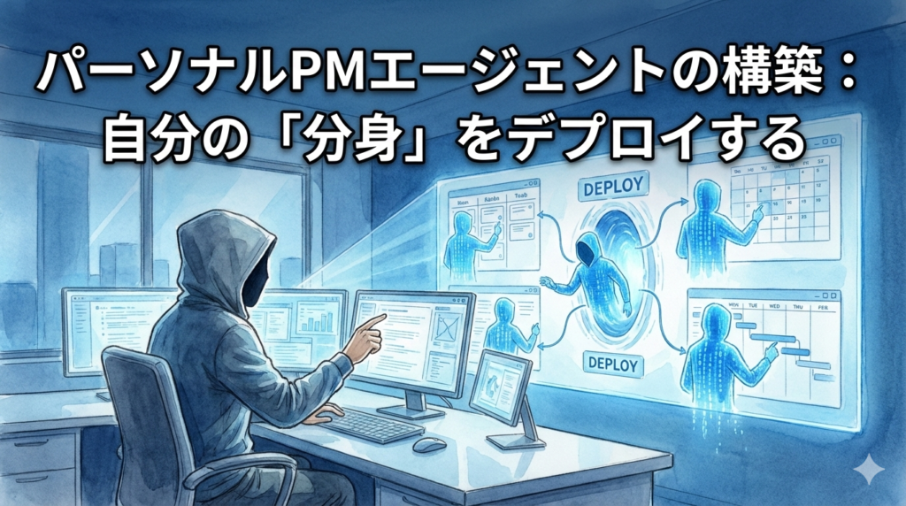 Gemini said フードのEMが、自分の「分身」PMエージェントを複数デプロイし、タスクを自動実行させる様子を視覚化したイラスト。自己を拡張し、並列的なプロジェクト管理を自動化する構造を描いています。