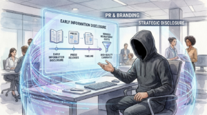 Gemini said フードのEMが、ホログラムスクリーンで「情報の先行開示」が「採用コスト削減」と「高品質な候補者獲得」に繋がる戦略フローを示しているイラスト。広報による戦略的な採用設計を視覚化しています。