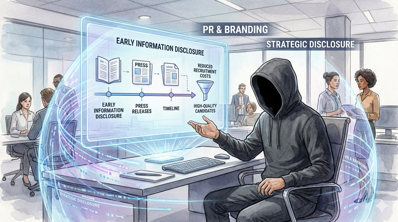 Gemini said フードのEMが、ホログラムスクリーンで「情報の先行開示」が「採用コスト削減」と「高品質な候補者獲得」に繋がる戦略フローを示しているイラスト。広報による戦略的な採用設計を視覚化しています。