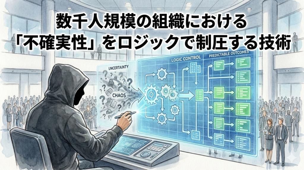 フードのEMが巨大組織の混沌（CHAOS）をロジックで制御し、予測可能な成果へと変換するイラスト。大規模組織の不確実性を構造的に制圧する設計思想を視覚化しています。