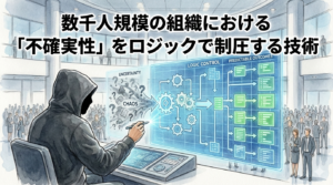 フードのEMが巨大組織の混沌（CHAOS）をロジックで制御し、予測可能な成果へと変換するイラスト。大規模組織の不確実性を構造的に制圧する設計思想を視覚化しています。