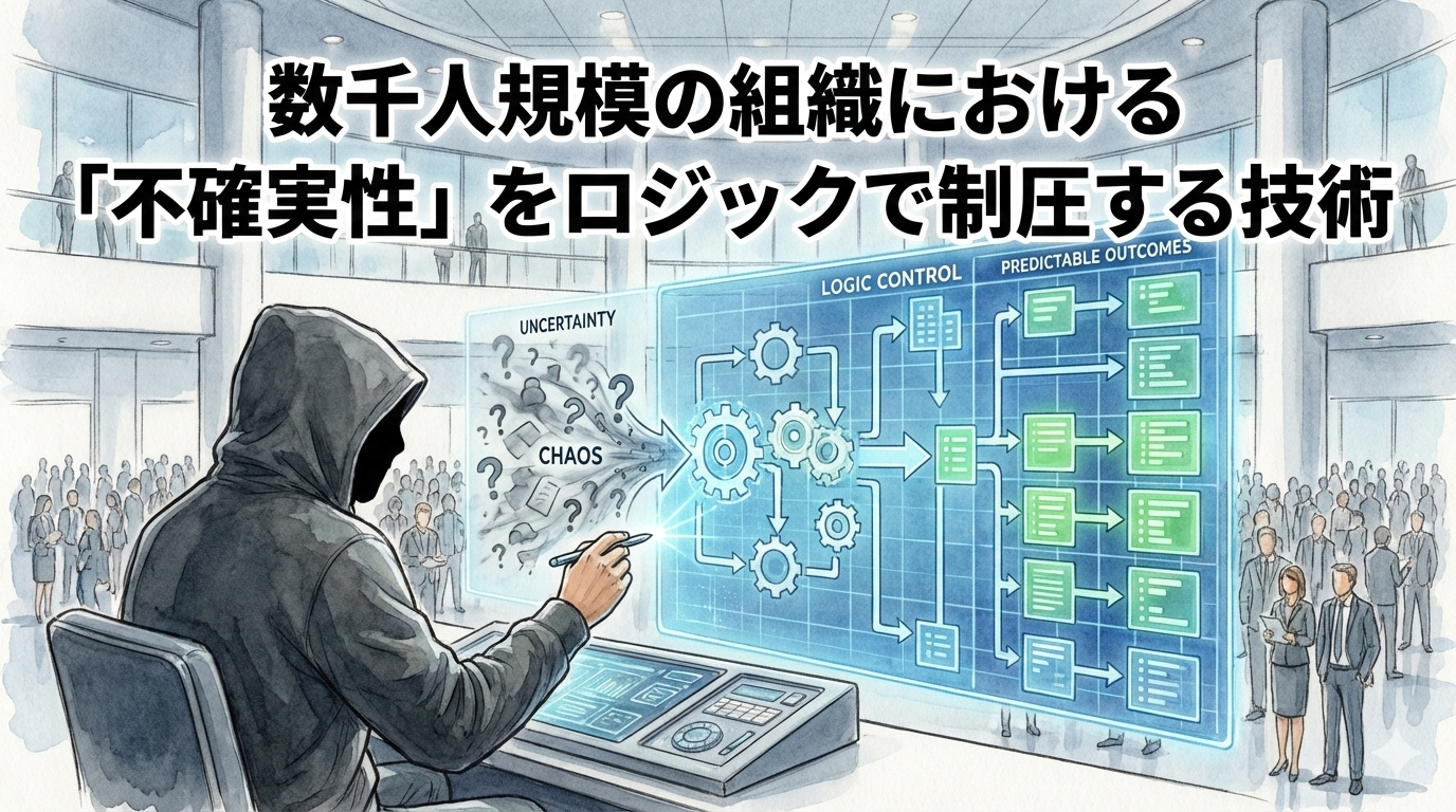 フードのEMが巨大組織の混沌（CHAOS）をロジックで制御し、予測可能な成果へと変換するイラスト。大規模組織の不確実性を構造的に制圧する設計思想を視覚化しています。