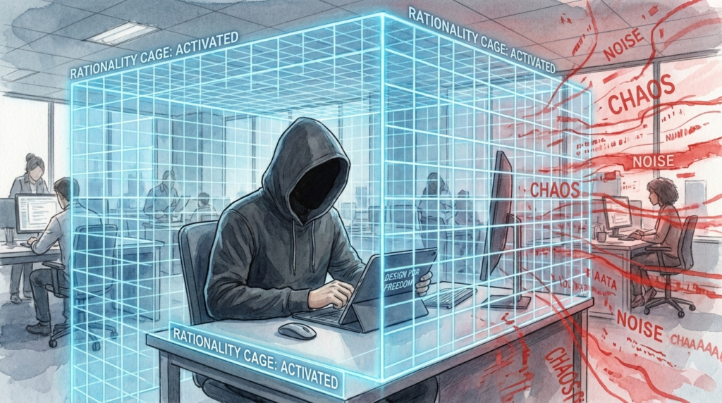 壁一面の透過ホログラムを指し示すEM。左側の複雑に絡み合う「CHAOS（混沌）」や「bottleneck」の赤い線が、EMの介入によって右側では「AI-OPTIMIZED RESOLUTION PATH」という一本の明快な青い軌跡へと変換されている。AIを用いて戦略の解像度を高めるプロセスを象徴。