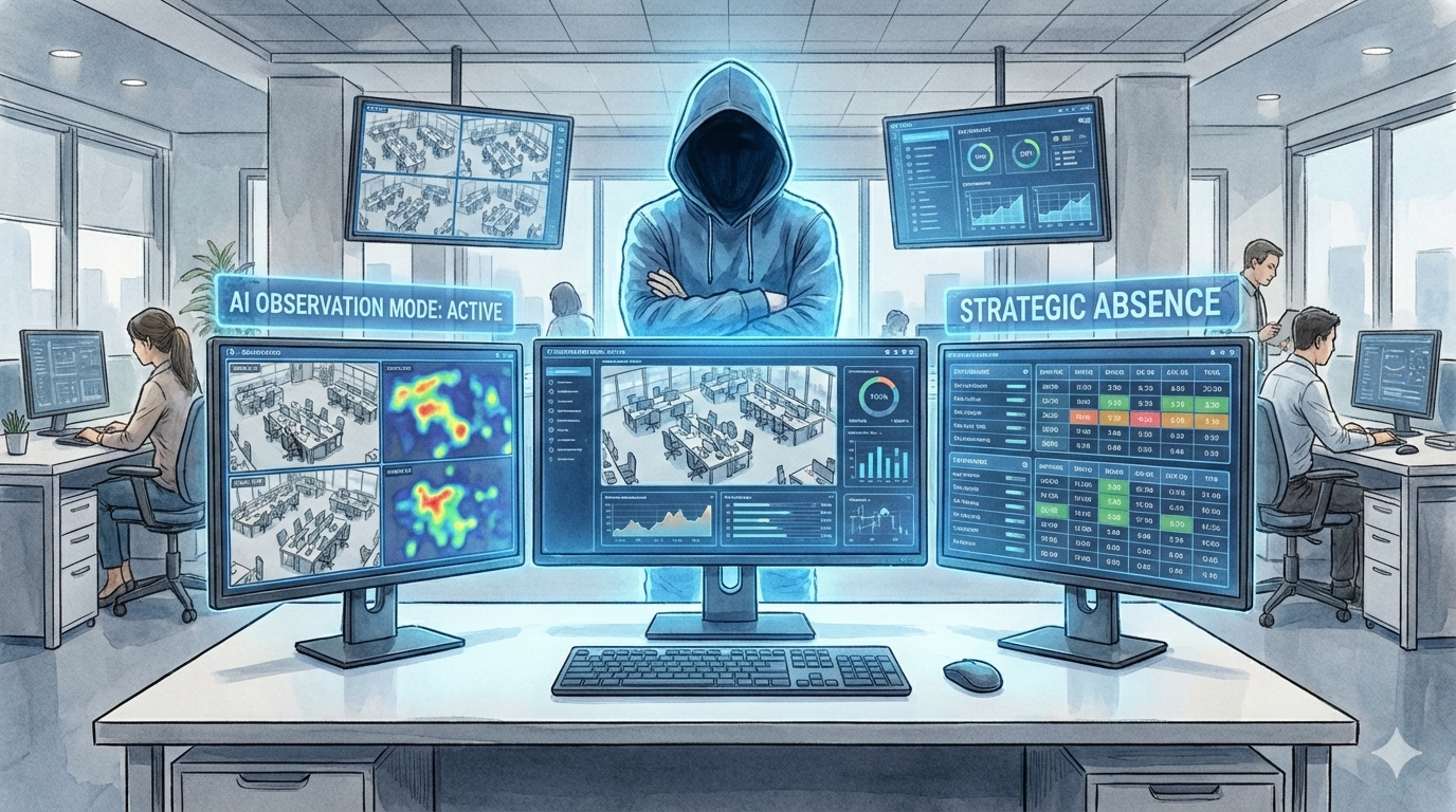 「AI OBSERVATION MODE: ACTIVE」や「STRATEGIC ABSENCE」と表示された大型モニターを背に、腕を組んで静かに立つパーカー姿のEM。モニターにはオフィスのリアルタイムなヒートマップや管理メトリクスが映し出されており、直接介入せず組織を俯瞰・観察するマネジメントスタイルを描いたイラスト。