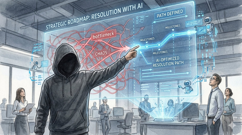 EMが壁一面の巨大なホログラムを指し示し、複雑に絡み合った「CHAOS（混沌）」や「bottleneck（ボトルネック）」の線を、AIによって一本の明快な「AI-OPTIMIZED RESOLUTION PATH」へと再定義しているイラスト。不確実性を排除し、戦略の解像度を高めるEMの視座。