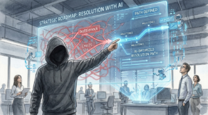 EMが壁一面の巨大なホログラムを指し示し、複雑に絡み合った「CHAOS（混沌）」や「bottleneck（ボトルネック）」の線を、AIによって一本の明快な「AI-OPTIMIZED RESOLUTION PATH」へと再定義しているイラスト。不確実性を排除し、戦略の解像度を高めるEMの視座。