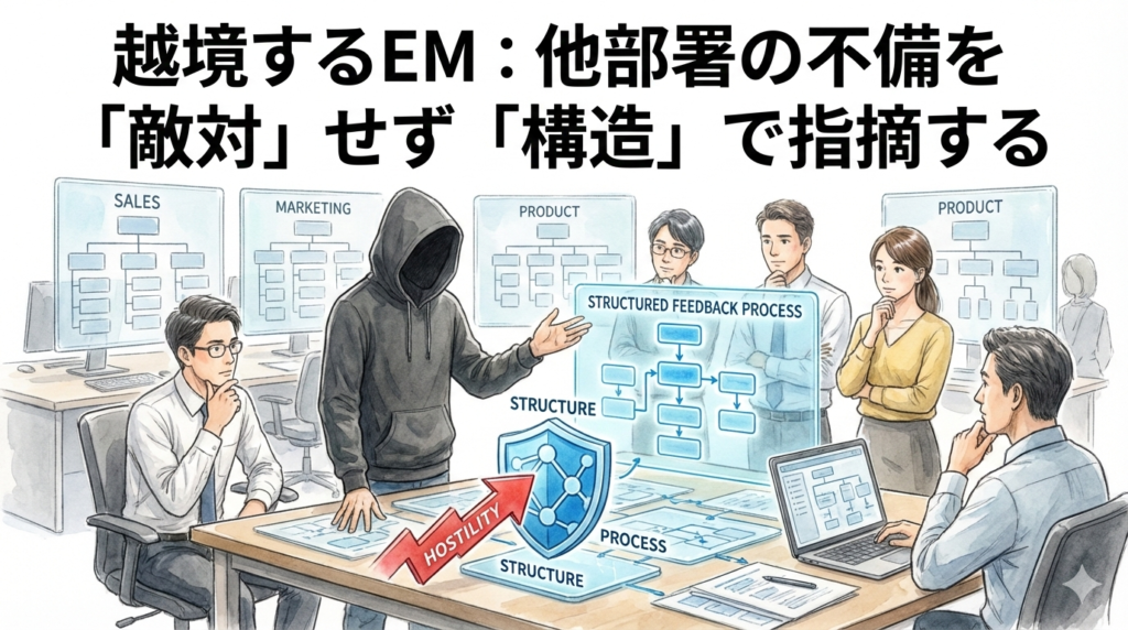 フードのEMが、営業やマーケティングなど他部署のメンバーに対し、感情的な「敵対」を避け、図解された**「構造」**を用いて不備を指摘するイラスト。部署間の境界を超え、仕組みの改善として課題を昇華させる高度なガバナンス姿勢を視覚化しています。