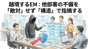 フードのEMが、営業やマーケティングなど他部署のメンバーに対し、感情的な「敵対」を避け、図解された**「構造」**を用いて不備を指摘するイラスト。部署間の境界を超え、仕組みの改善として課題を昇華させる高度なガバナンス姿勢を視覚化しています。