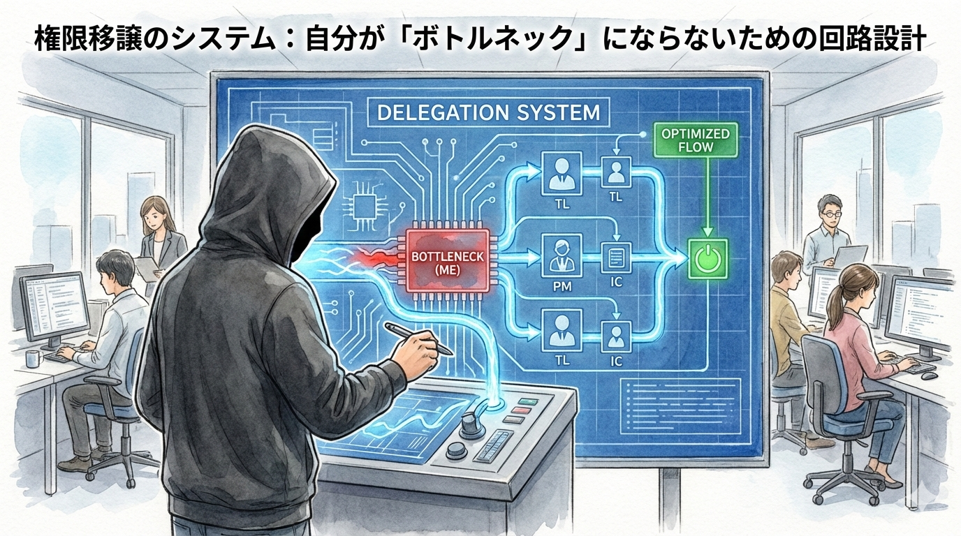 フードのEMが、権限移譲を「回路設計」として捉え、自身がボトルネックとなる構造を解消するための最適フローを構築しているイラスト。属人性を排除し、TLやICへ自律的に権限が流れる仕組みを設計することで、組織の実行速度を最大化するガバナンス姿勢を視覚化しています。