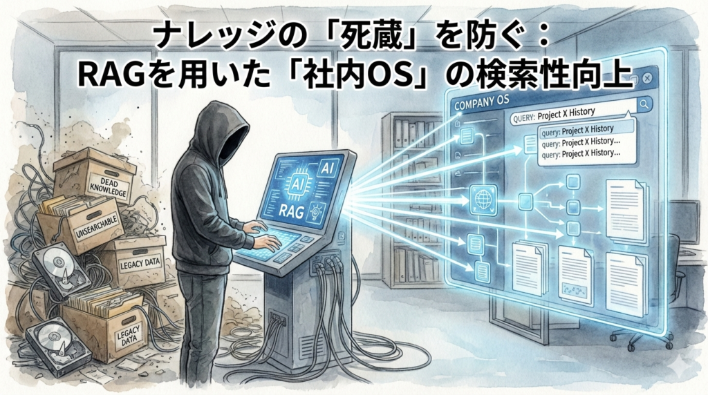 フードのEMが、RAG（検索拡張生成）を用いて「死蔵」したレガシーデータを再構築し、検索可能な「社内OS」へと変換するプロセスを視覚化したイラスト。非構造化データを価値あるナレッジベースへと昇華させ、組織の実行速度を向上させる技術的アプローチを表現しています。