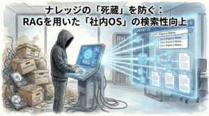 フードのEMが、RAG（検索拡張生成）を用いて「死蔵」したレガシーデータを再構築し、検索可能な「社内OS」へと変換するプロセスを視覚化したイラスト。非構造化データを価値あるナレッジベースへと昇華させ、組織の実行速度を向上させる技術的アプローチを表現しています。