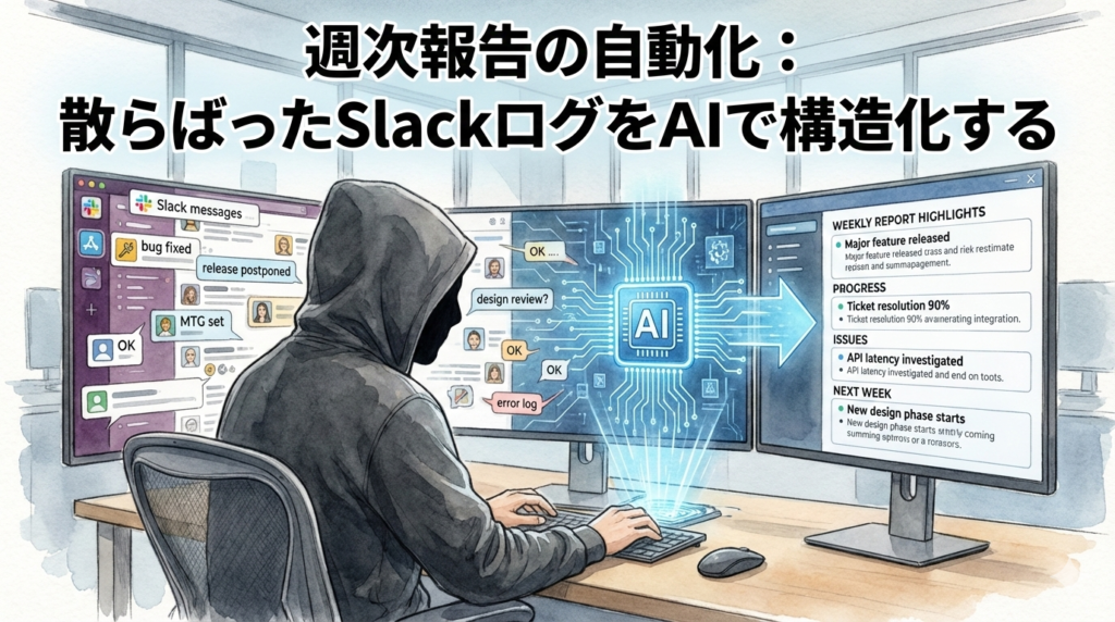 フードのEMが、散らばったSlackログをAI経由で整然とした週次報告へと構造化しているイラスト。非定型なコミュニケーションログを、進捗・課題・次週予定といった「管理項目」へと自動変換し、報告コストを最小化するワークフローを視覚化しています。