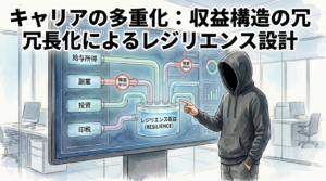 給与・副業・投資などの多層的な収益構造を設計し、キャリアのレジリエンス（回復力）を視覚化したフードのEMのイラスト。