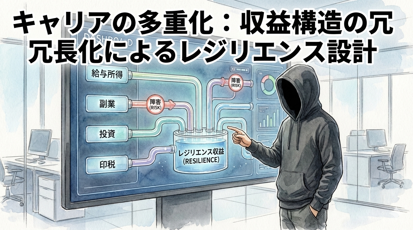 給与・副業・投資などの多層的な収益構造を設計し、キャリアのレジリエンス(回復力)を視覚化したフードのEMのイラスト。