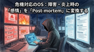 深夜のオフィスで、フードを被ったEMが「CRISIS OS」端末を操作し、左画面に表示された障害・炎上による感情的な混乱（PANIC!、誰の責任？）を、右画面の整然とした事後検証報告書（Post-mortem）へと構造化して変換するプロセスを描いたイラスト。