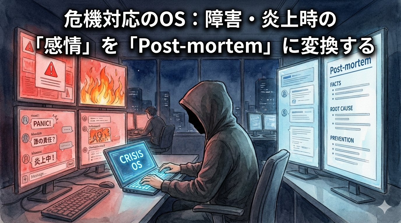 深夜のオフィスで、フードを被ったEMが「CRISIS OS」端末を操作し、左画面に表示された障害・炎上による感情的な混乱(PANIC!、誰の責任?)を、右画面の整然とした事後検証報告書(Post-mortem)へと構造化して変換するプロセスを描いたイラスト。
