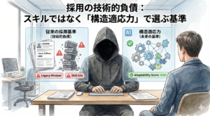 採用面接の場で、フードのEMが「従来のスキル偏重基準（技術的負債）」と「構造適応力（未来の基準）」をAIで比較分析しているイラスト。