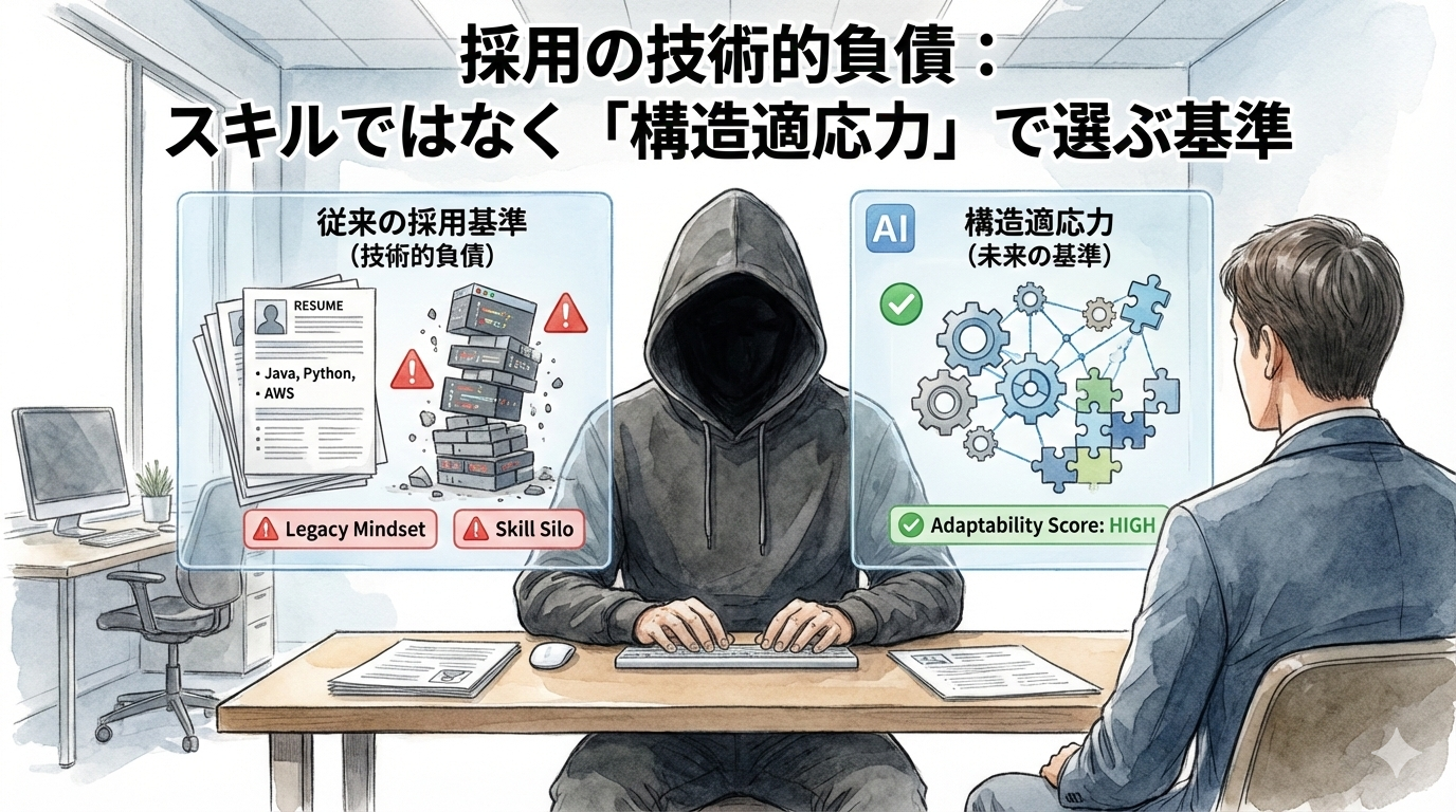 採用面接の場で、フードのEMが「従来のスキル偏重基準(技術的負債)」と「構造適応力(未来の基準)」をAIで比較分析しているイラスト。