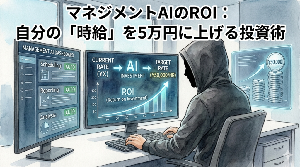 AI投資により、自分の「時給」を5万円へ引き上げるROI（投資対効果）をダッシュボードで設計・分析するEMのイラスト。